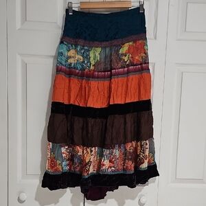 🌺 Mechant Silk Patchwork Tiered Skirt – Size S